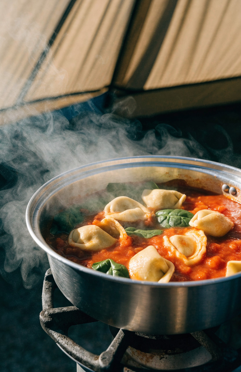 Tortellini in marinara with spinach in a camp pot