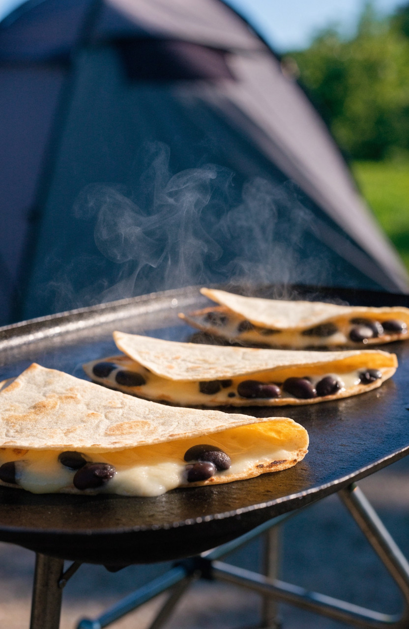 Quesadillas cooking on a griddle at a campsite