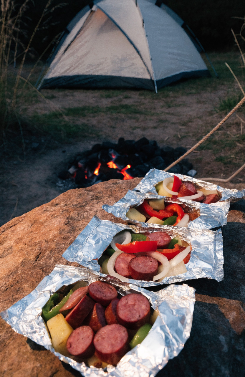 Foil packets of sausage and vegetables by campfire coals