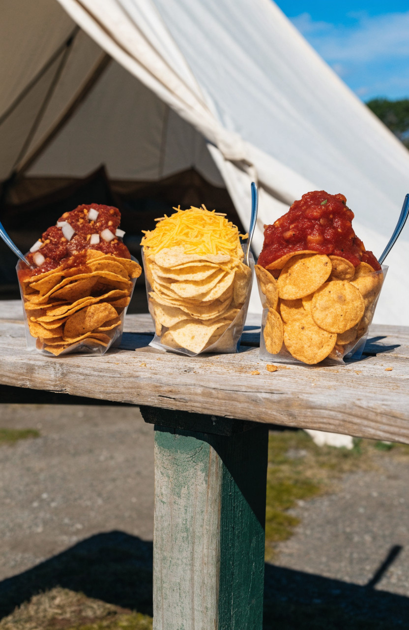 Walking tacos with chili and cheese on a camp table