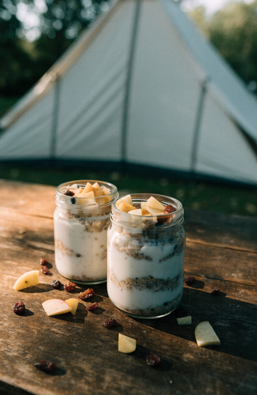Jars of overnight oats with fruit on a camp table