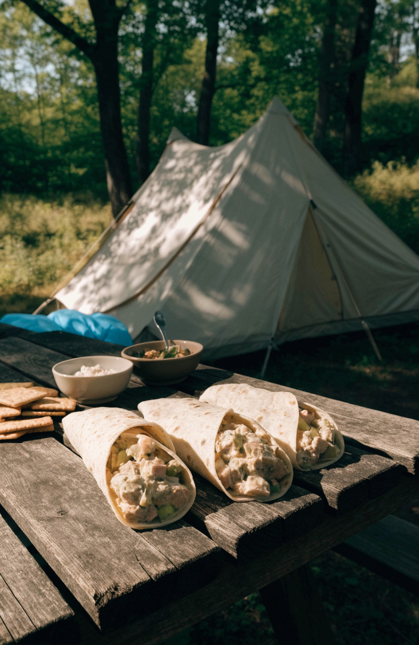 Tuna wraps and crackers on a picnic table while camping