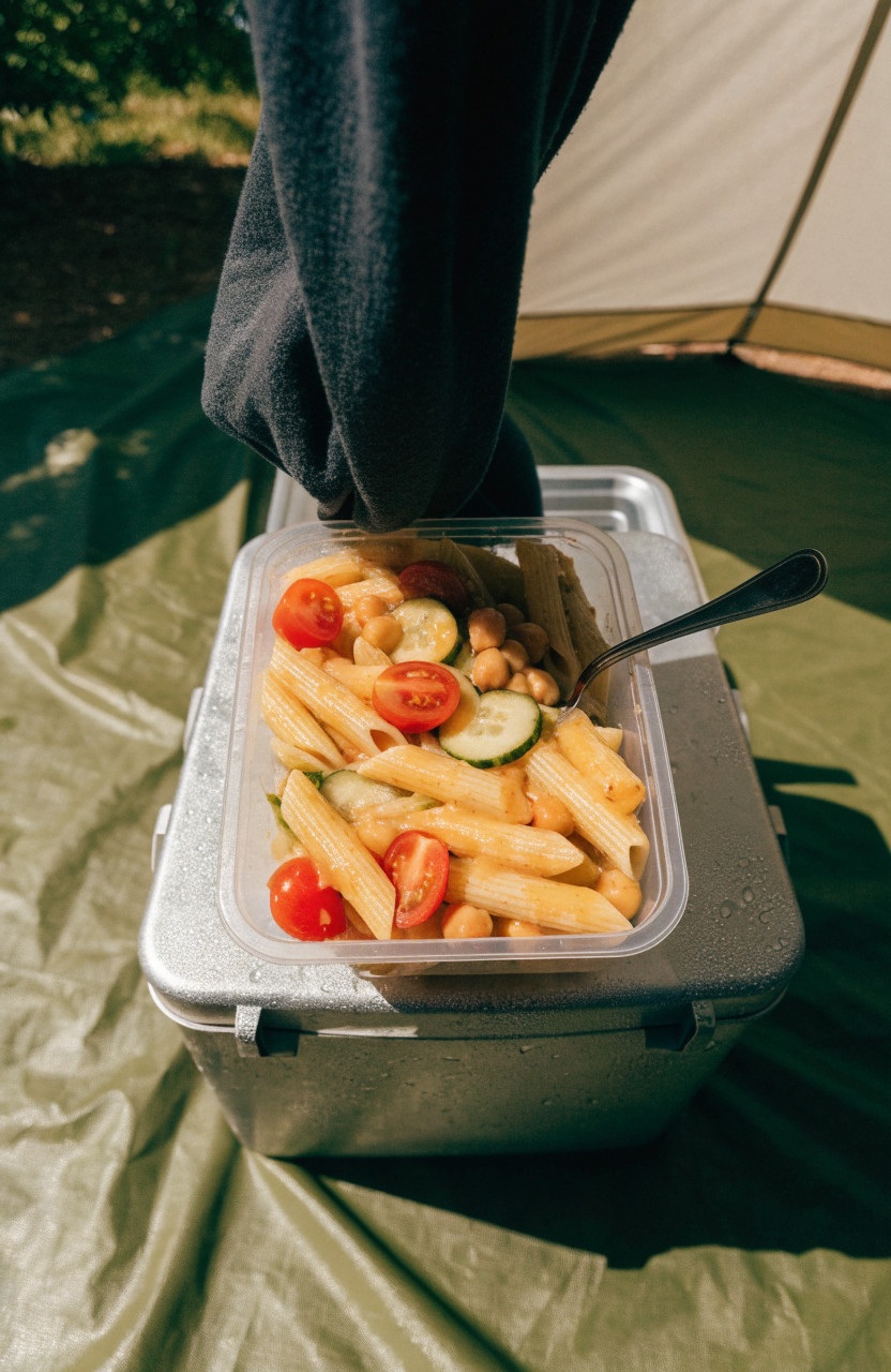 Pasta salad with tomatoes and cucumber in a camp container