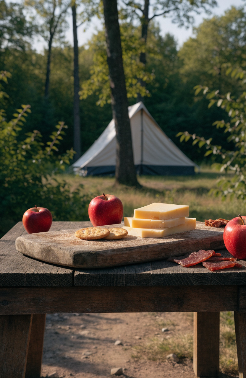 Cheese, crackers, apples and jerky on a camp board