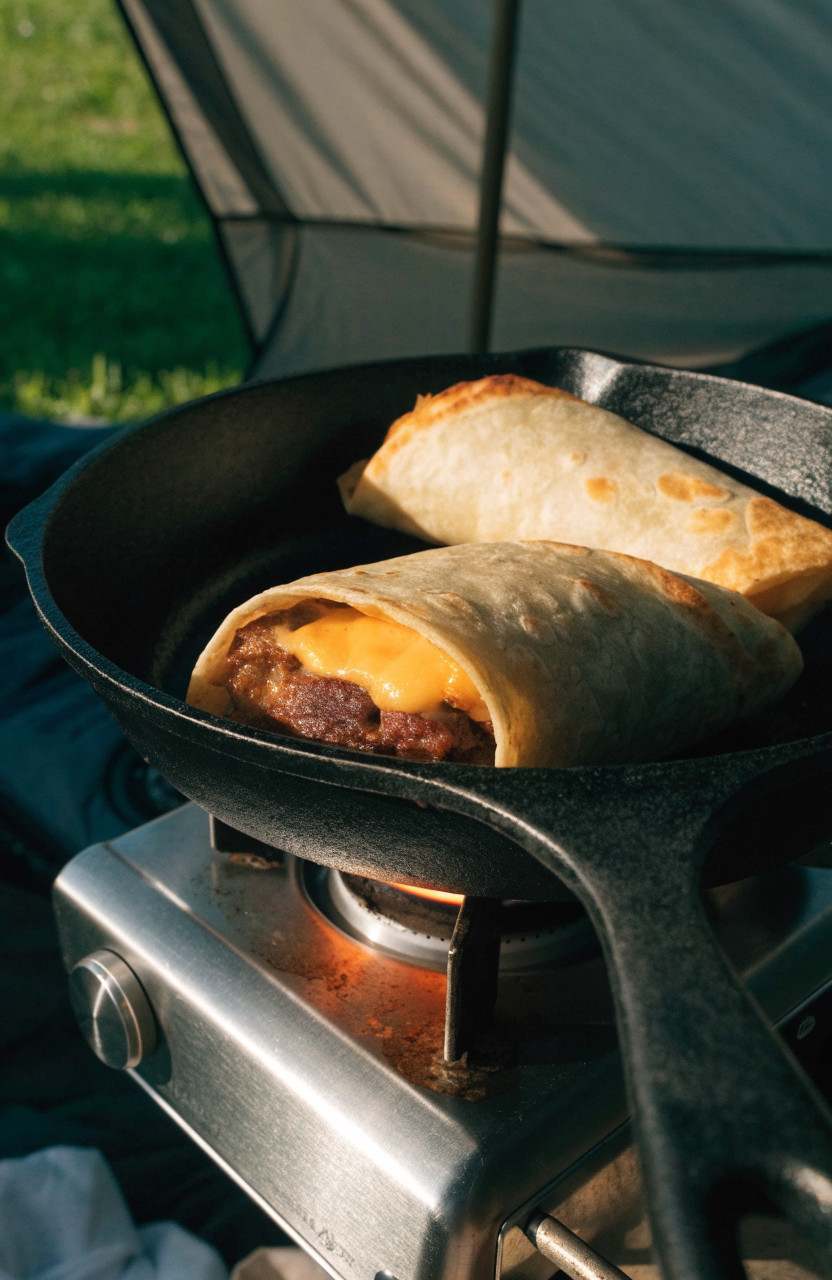 Breakfast burritos heating in a skillet on a camp stove