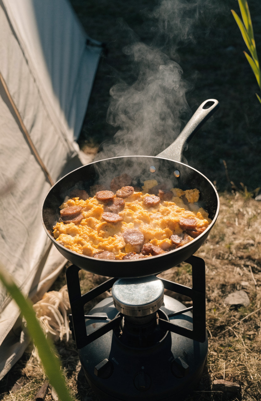 Scrambled eggs and sausage cooking in a camp skillet