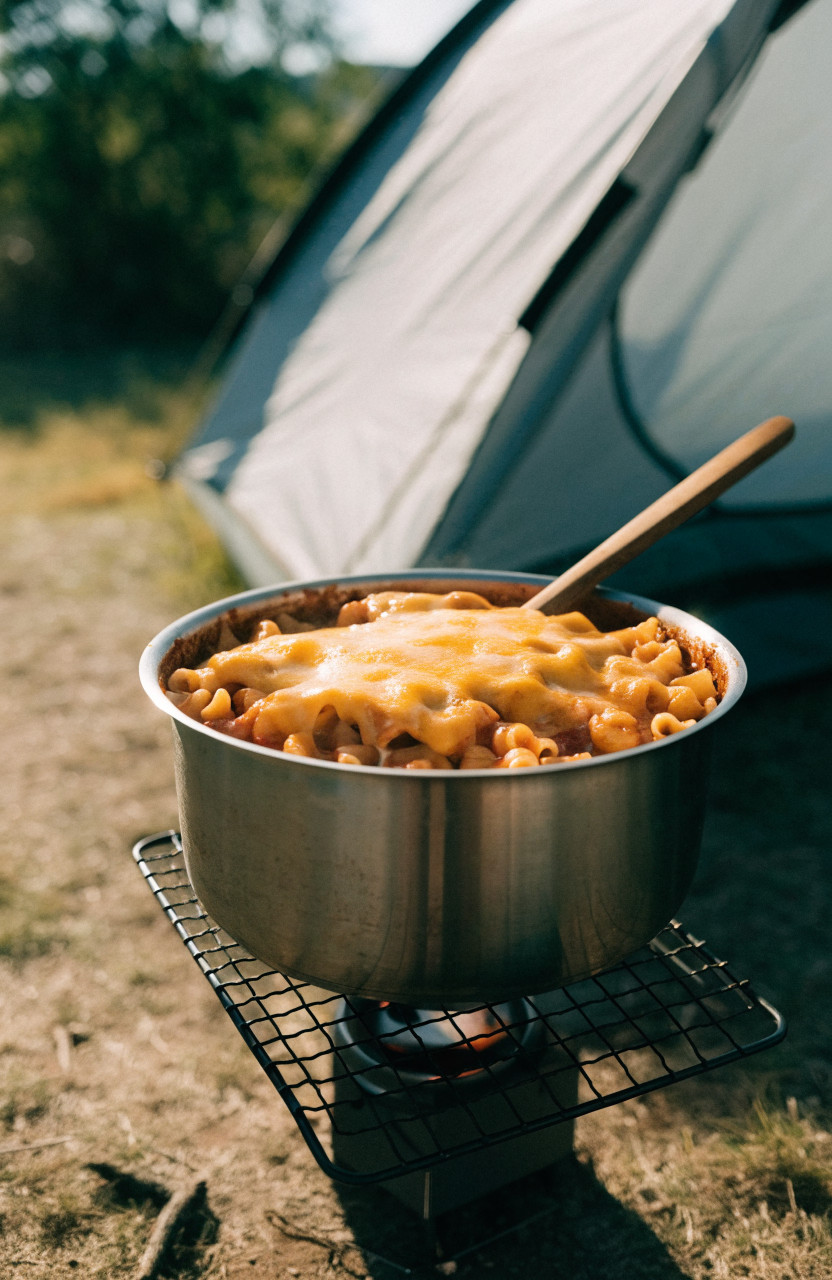 Pot of chili mac with cheese on a camp stove