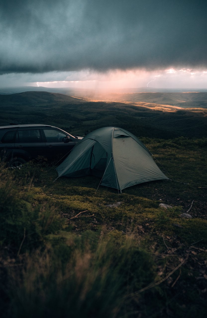 Tent at a campsite under storm clouds with lightning in the distance and a car parked nearby