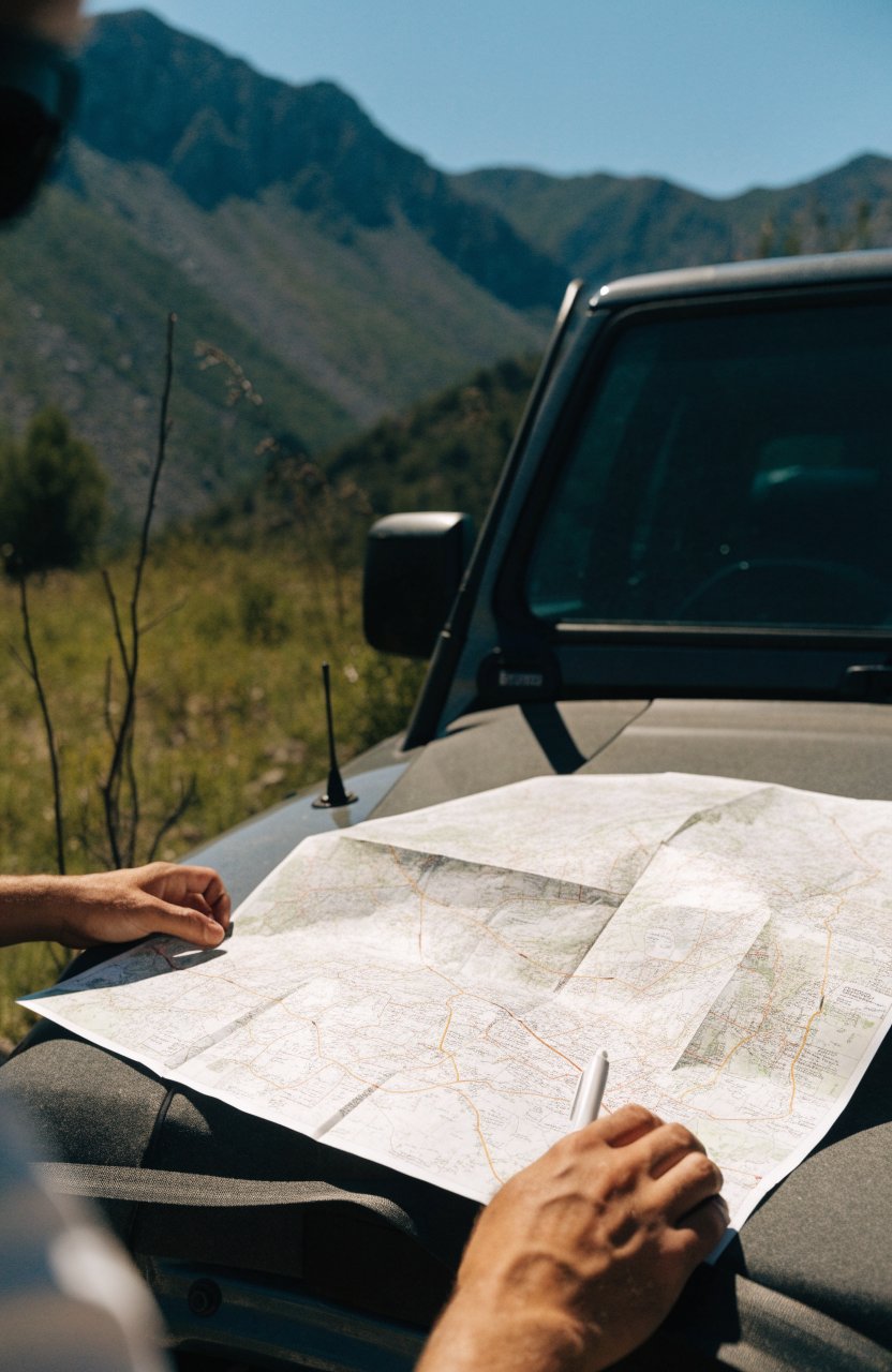 Planning tonight's campsite at a midday stop with a map on the car hood