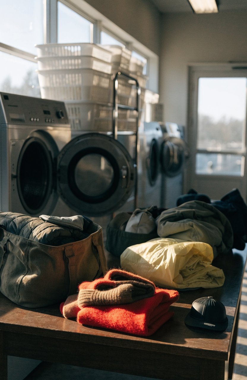 Washing camping clothes at a laundromat during a road trip