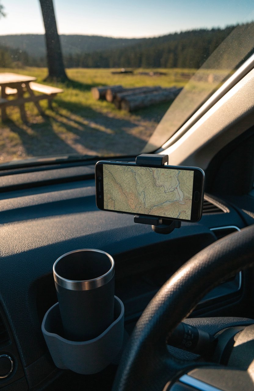Phone in a dashboard mount showing an offline map in the morning