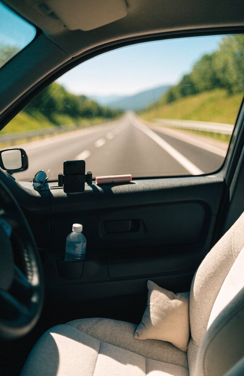 Driving comfort kit with sunglasses, lumbar pillow and water bottle