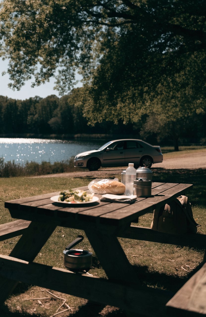 Lunch at a shaded lakeside picnic table during a road trip