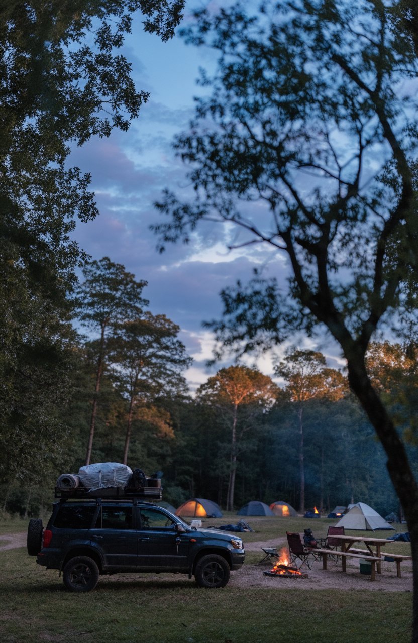 Car camping at a forest campground site at dusk