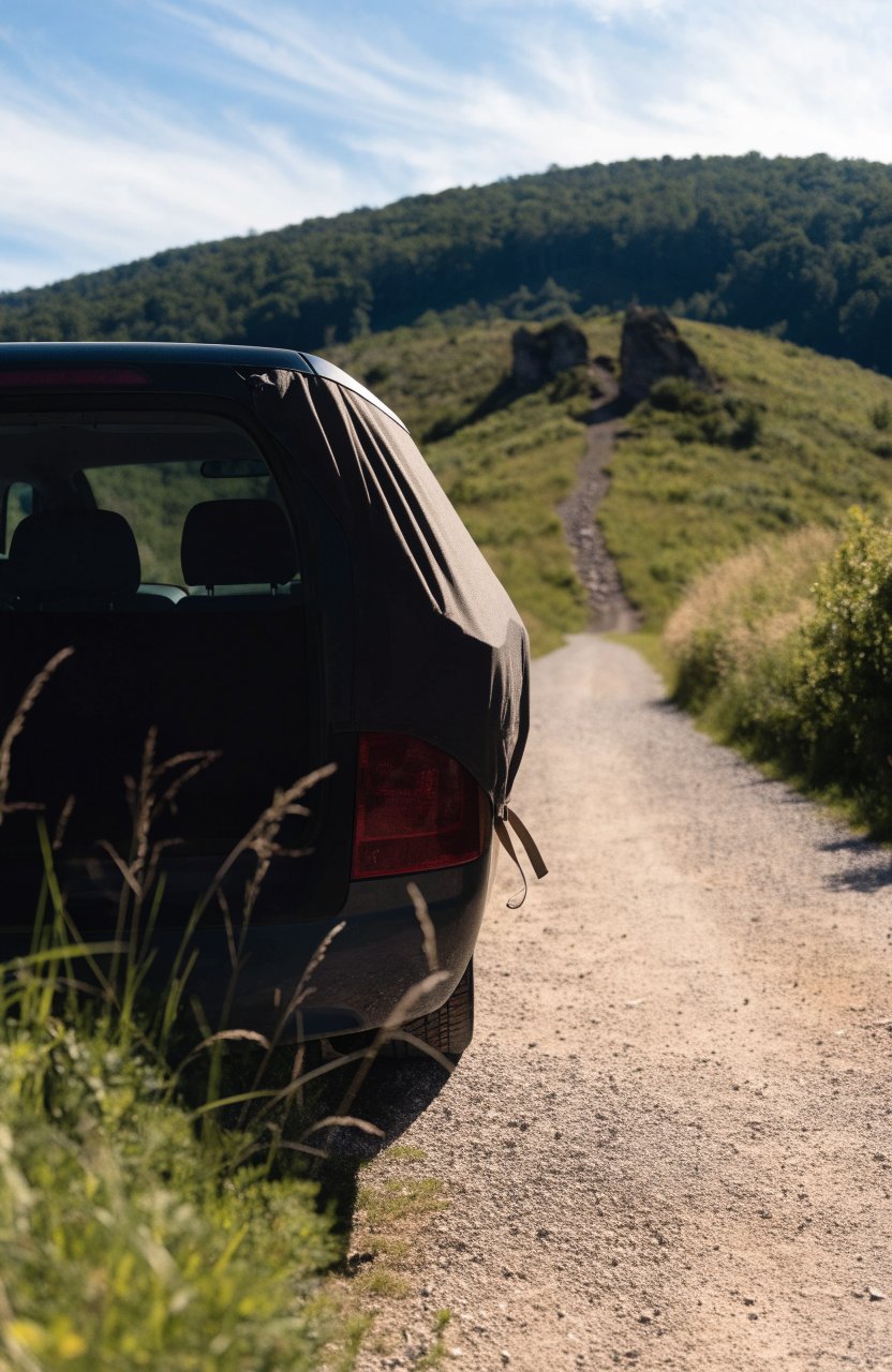 Car at a trailhead with nothing visible on the seats