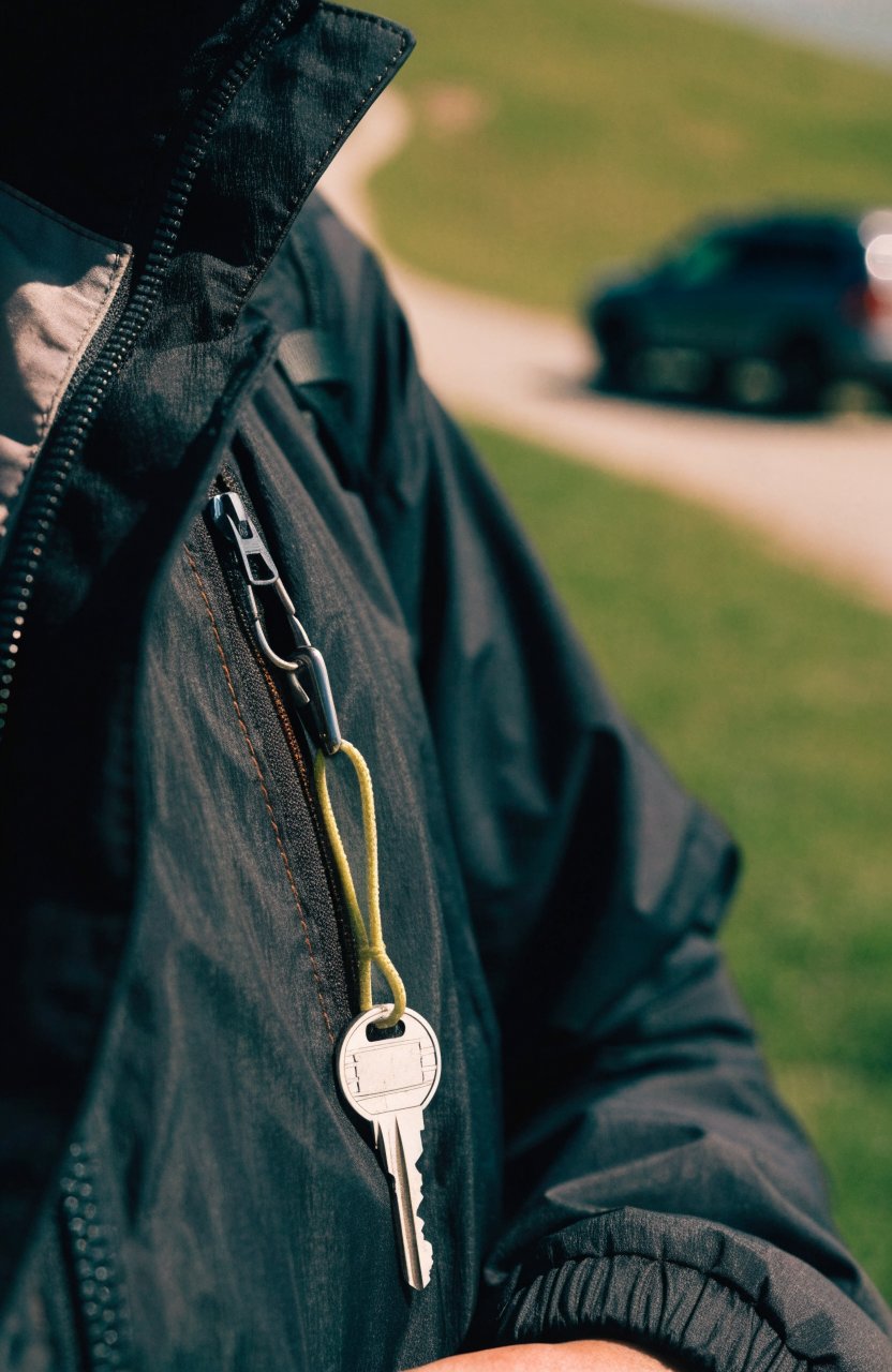 Spare car key on a lanyard clipped inside a jacket pocket