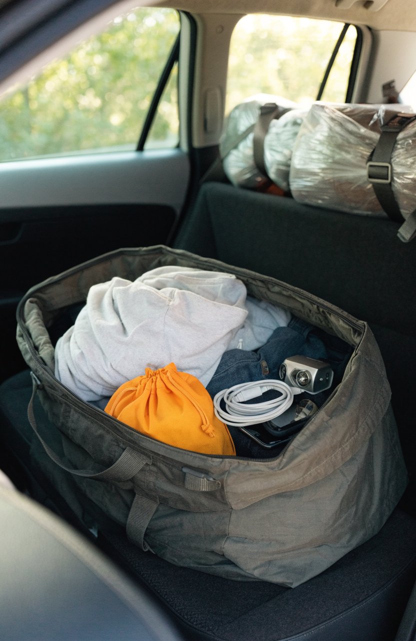 One duffel with sleep clothes, toiletries and a headlamp for a night on the road