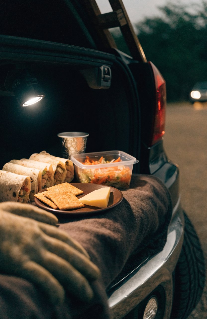 No-cook dinner of wraps, cheese and crackers on a tailgate at night