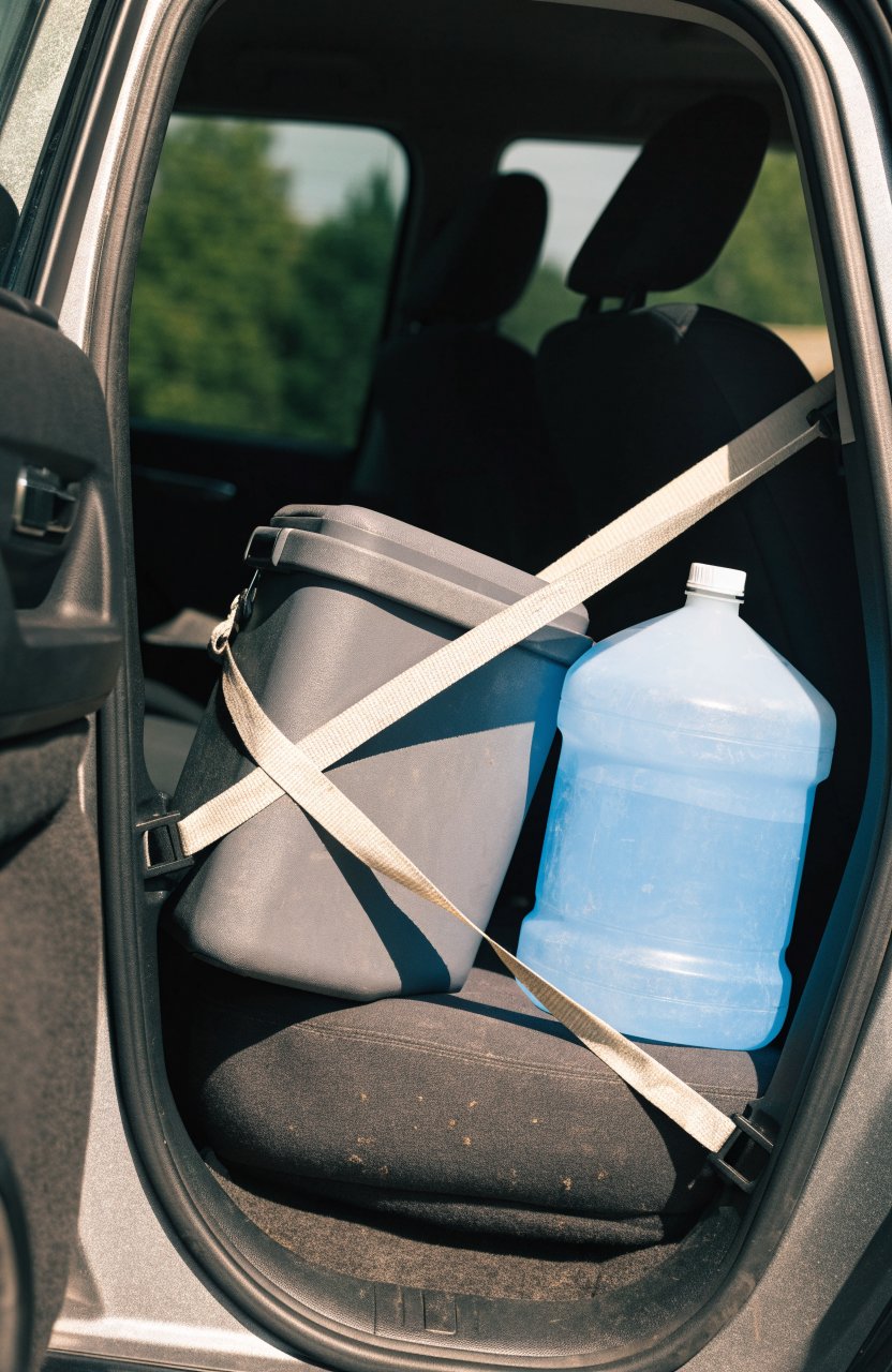 Cooler and water jug strapped down in a car's cargo area
