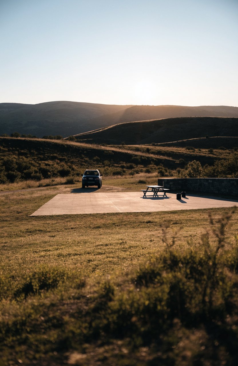 Car pulling into a campsite in golden late-afternoon light