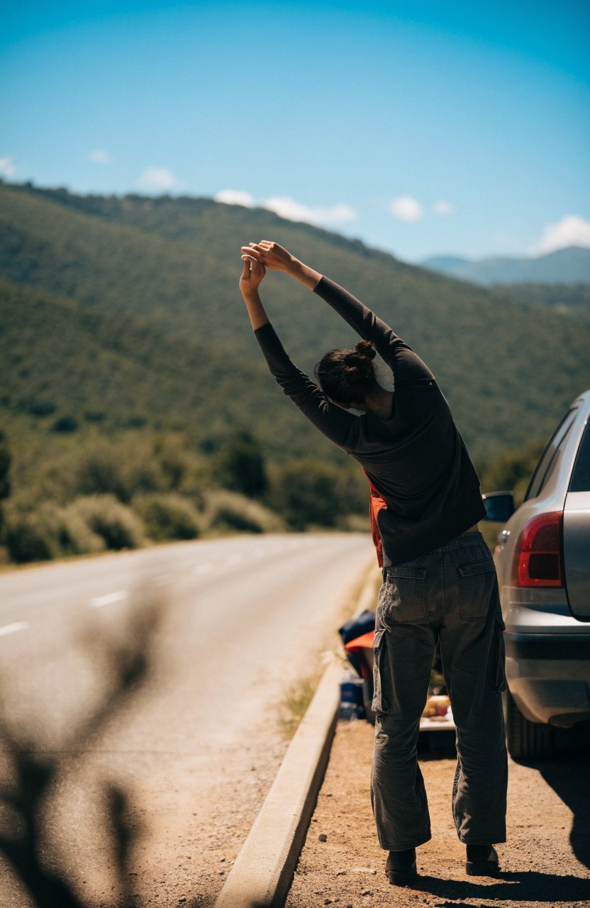 Road tripper stretching beside the car at a rest stop