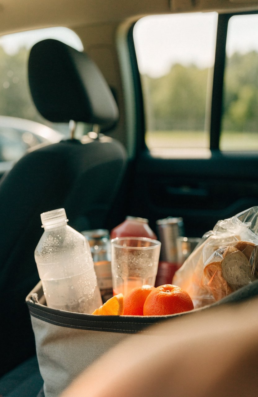 Soft snack cooler with drinks and lunch on the back seat