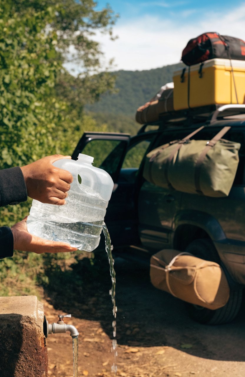Refilling a water jug at a fuel stop during a camping road trip