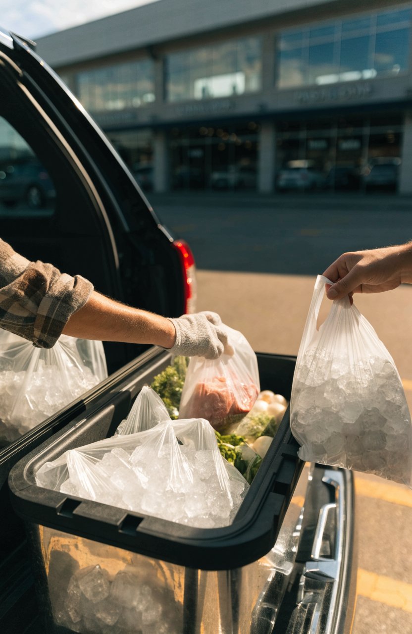 Restocking a cooler with ice and fresh food in a grocery store parking lot