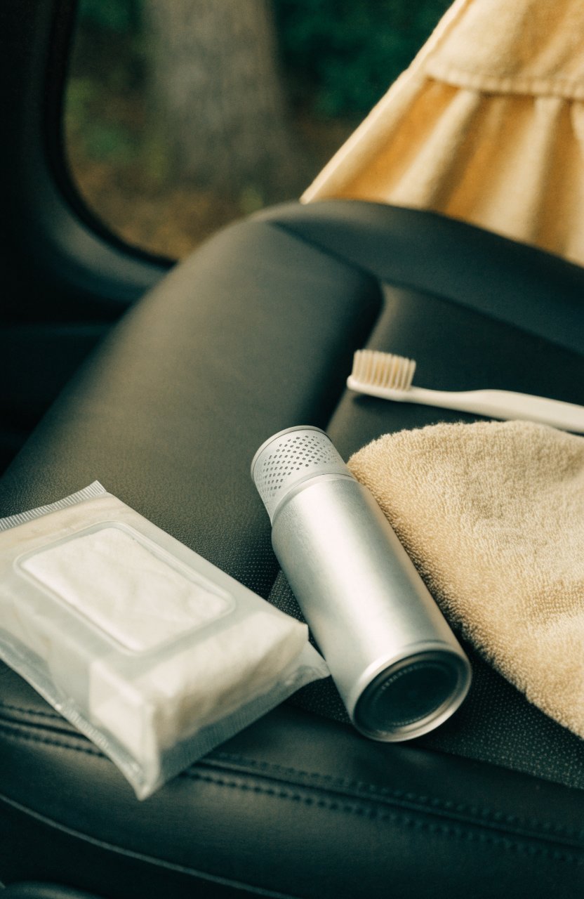 Wipes, dry shampoo and a quick-dry towel for freshening up between showers