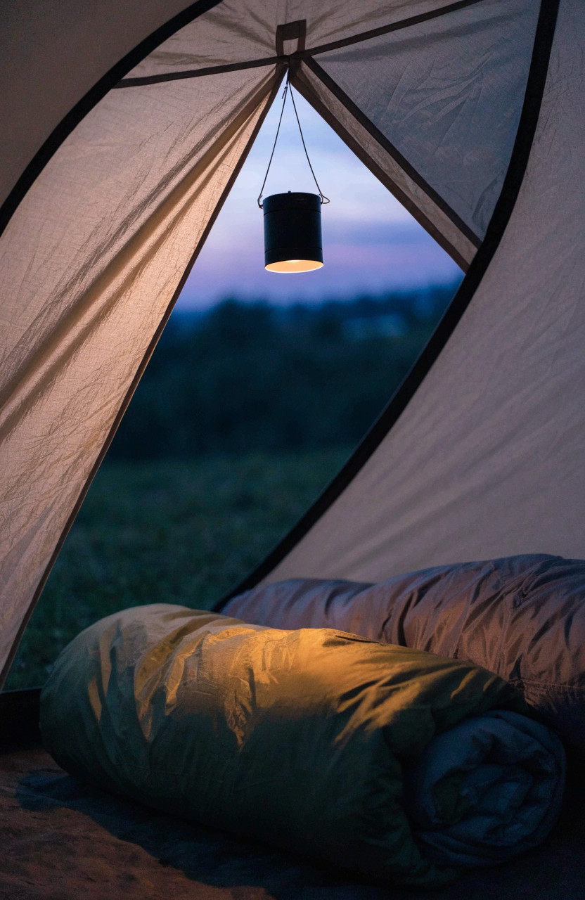 Small lantern hanging from tent ceiling glowing over sleeping bags