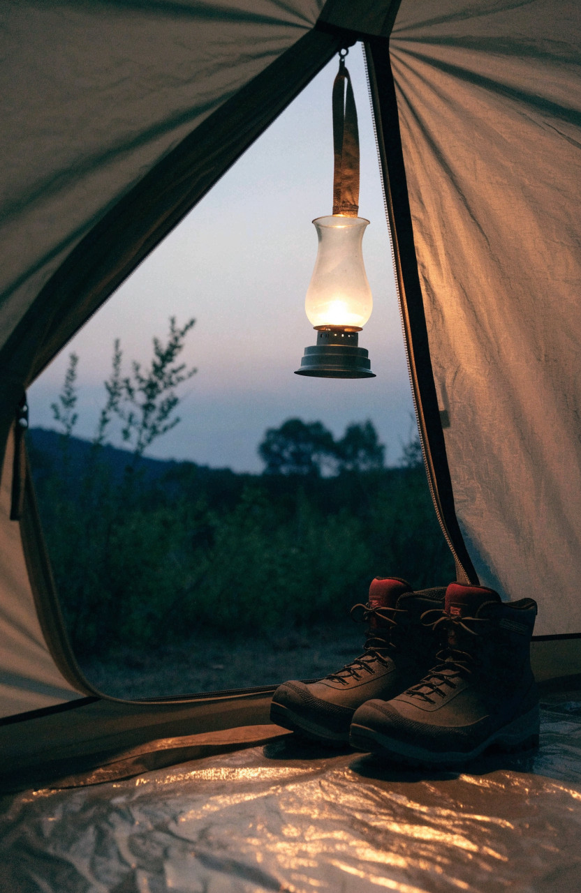 Small lantern hanging by tent door lighting entrance