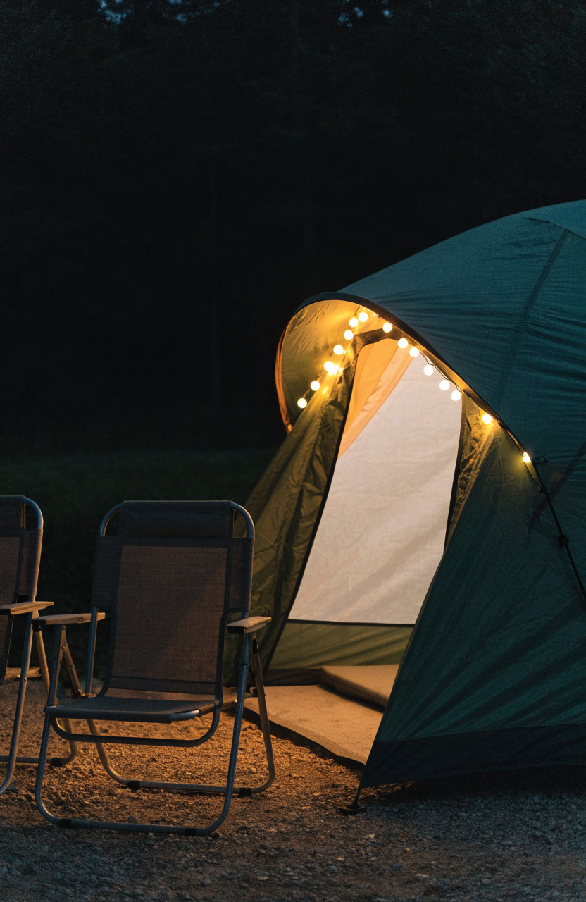 Warm string lights outlining tent vestibule at night