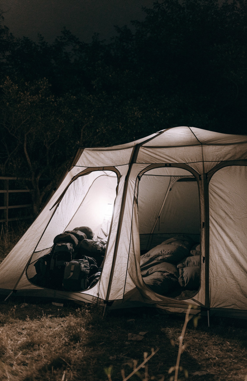 Bright vestibule light with packs beside dim sleeping area