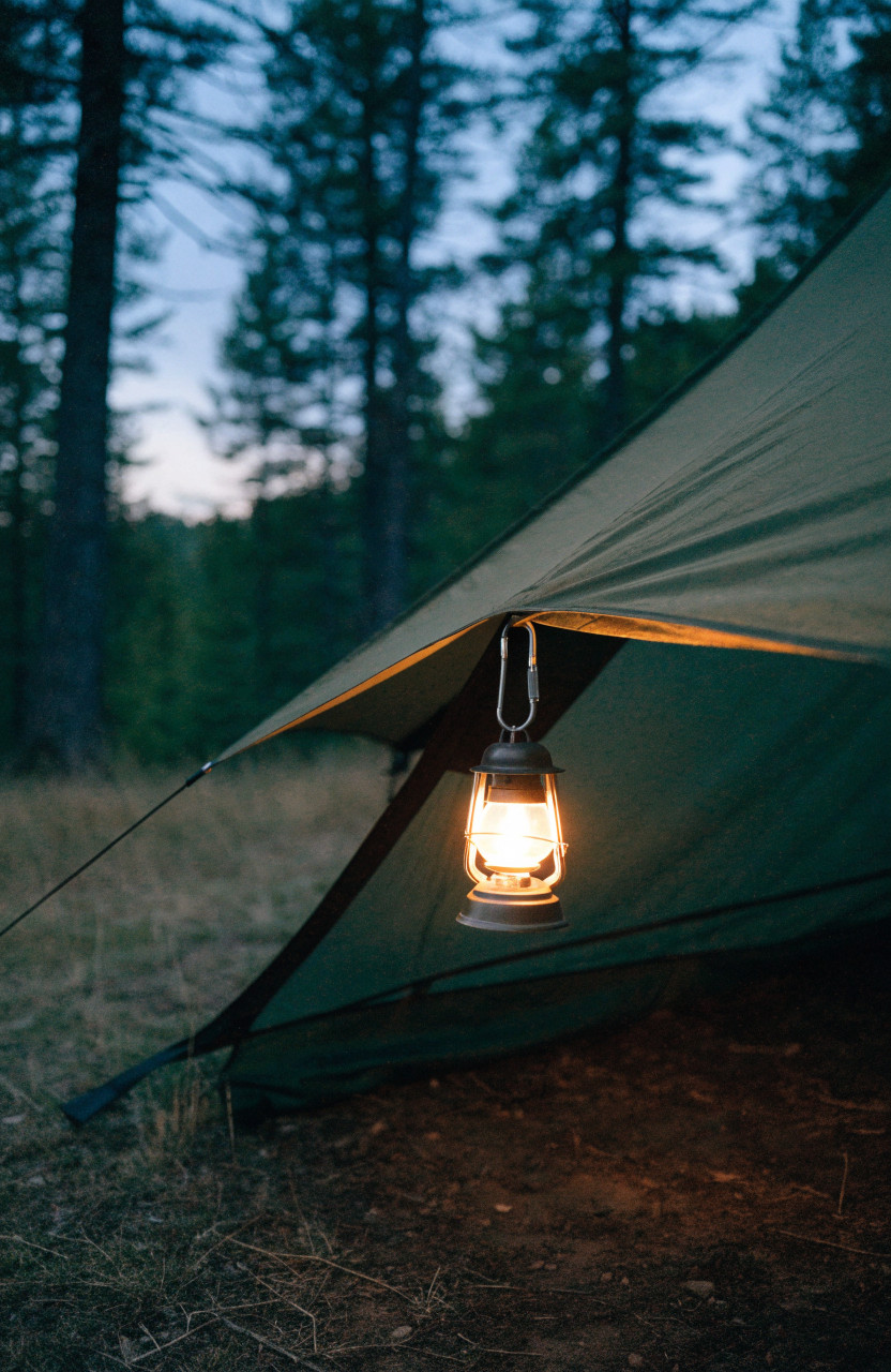 Clip light hanging under tent awning edge at dusk
