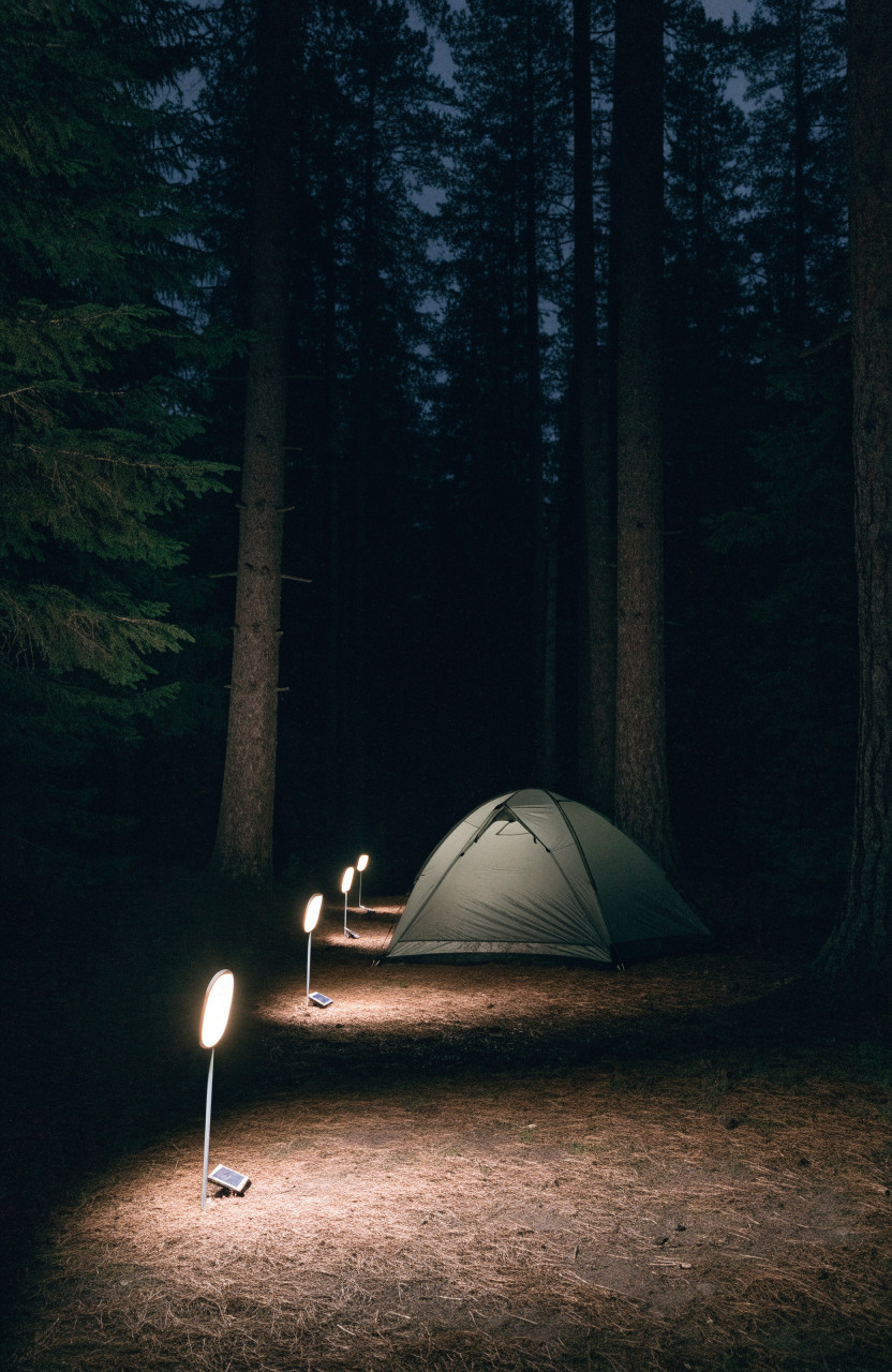Low stake lights forming path from tent into dark woods