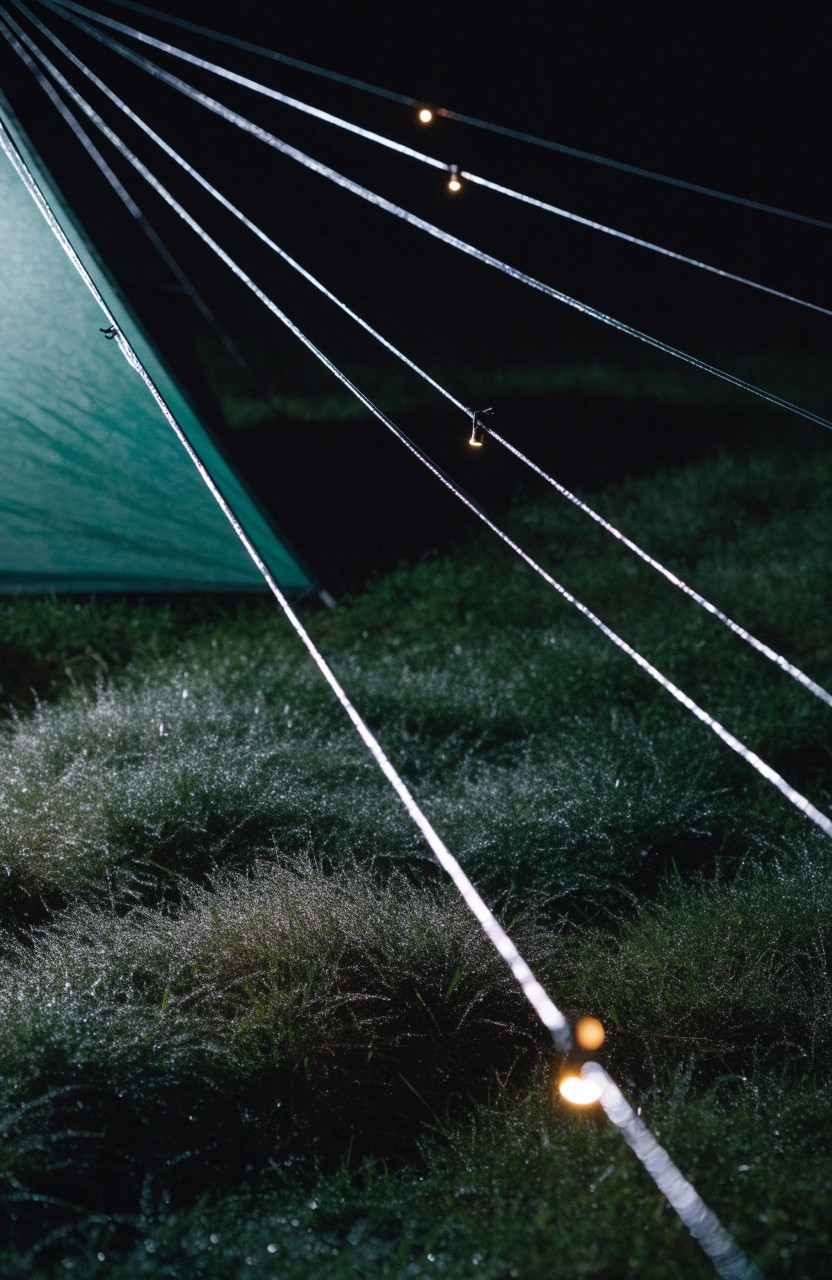 Reflective guylines with small lights glowing at night