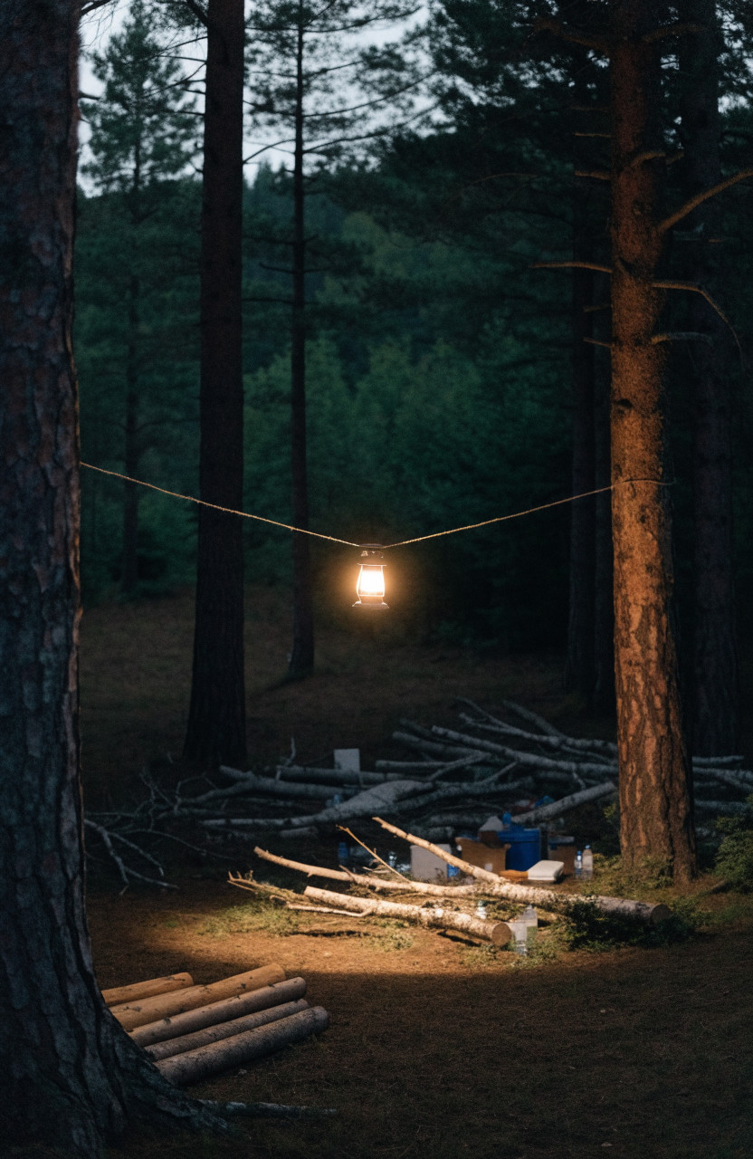 Lantern hanging from line between two trees over campsite