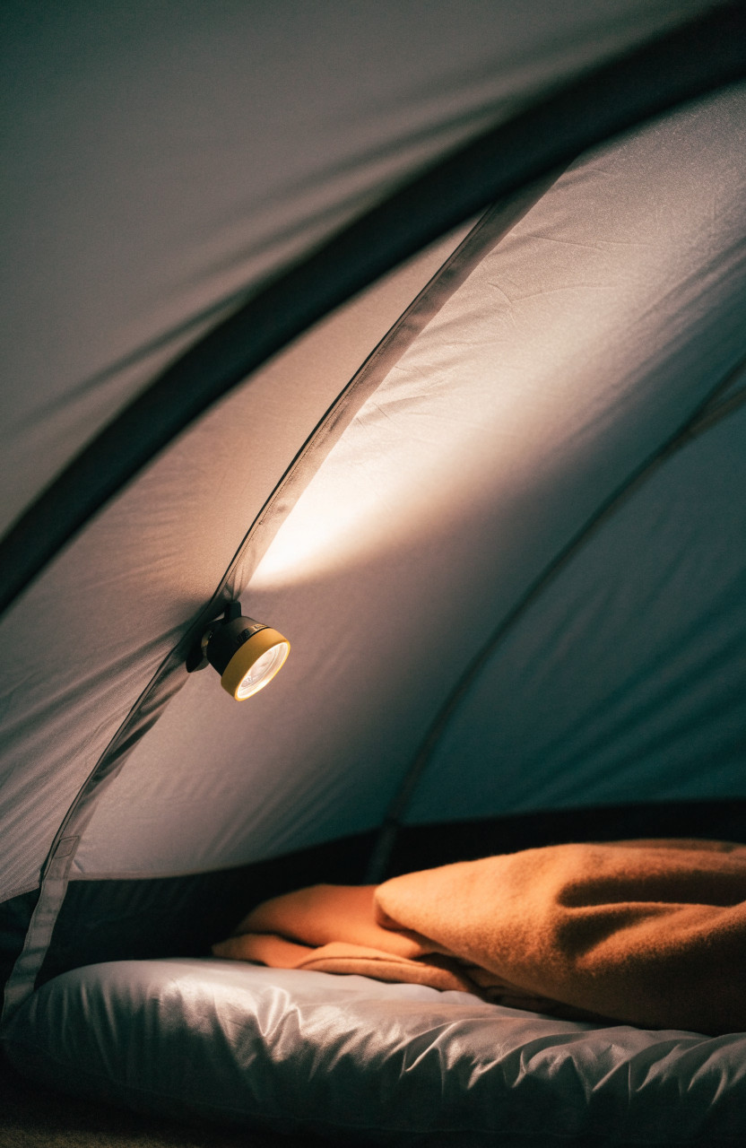 Headlamp clipped inside tent casting soft bounced light off ceiling