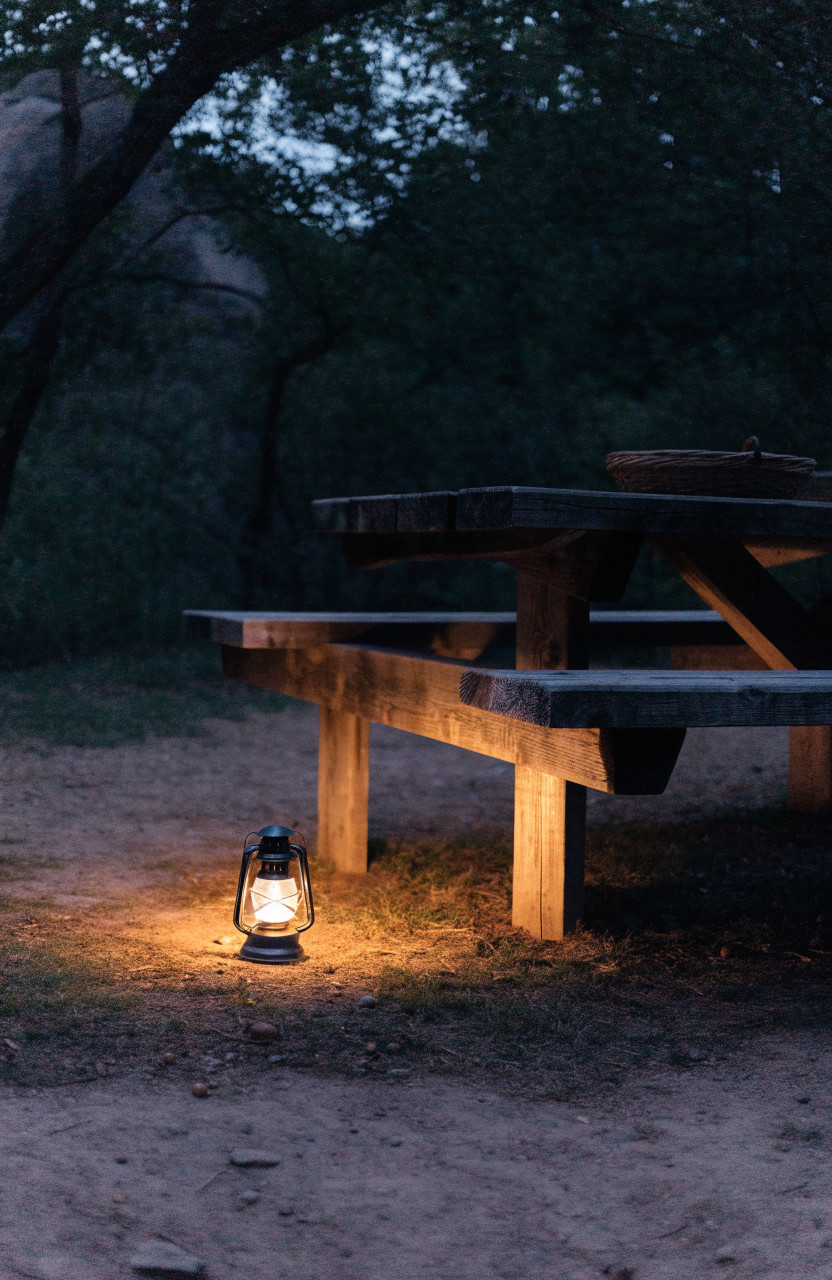 Lantern under picnic table casting soft upward light