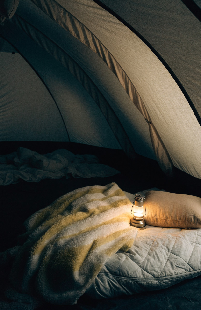 Small dim lantern beside child's pillow inside family tent