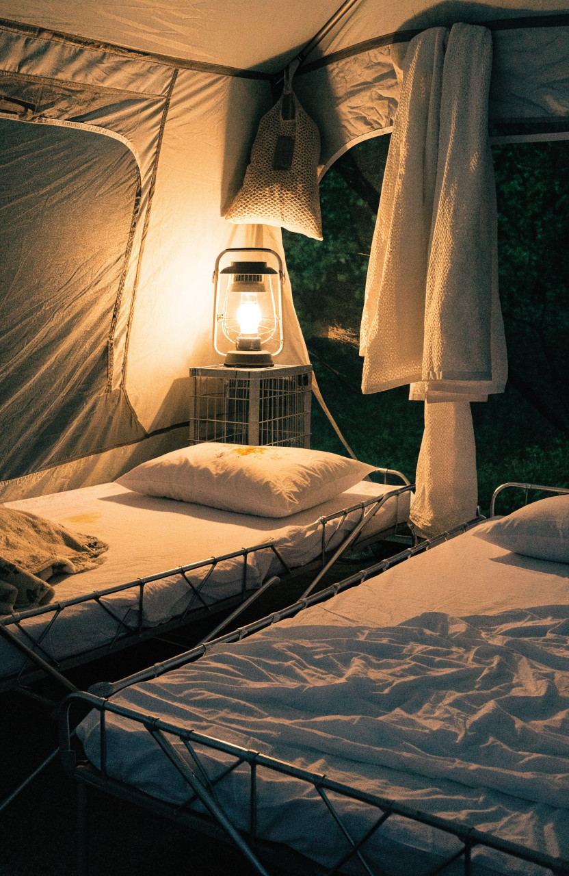 Fan lantern running inside large tent on hot night