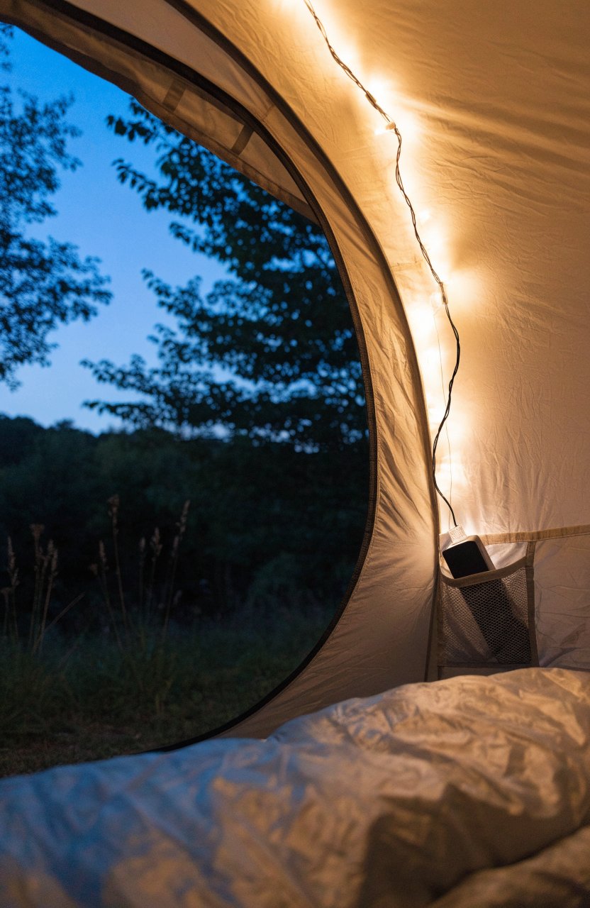 Warm USB string lights along a tent wall powered by a power bank in a mesh pocket