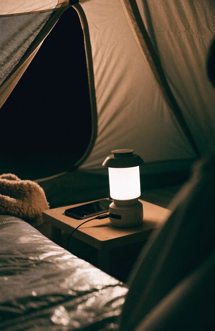 Rechargeable camping lantern on a small table charging a phone inside a tent
