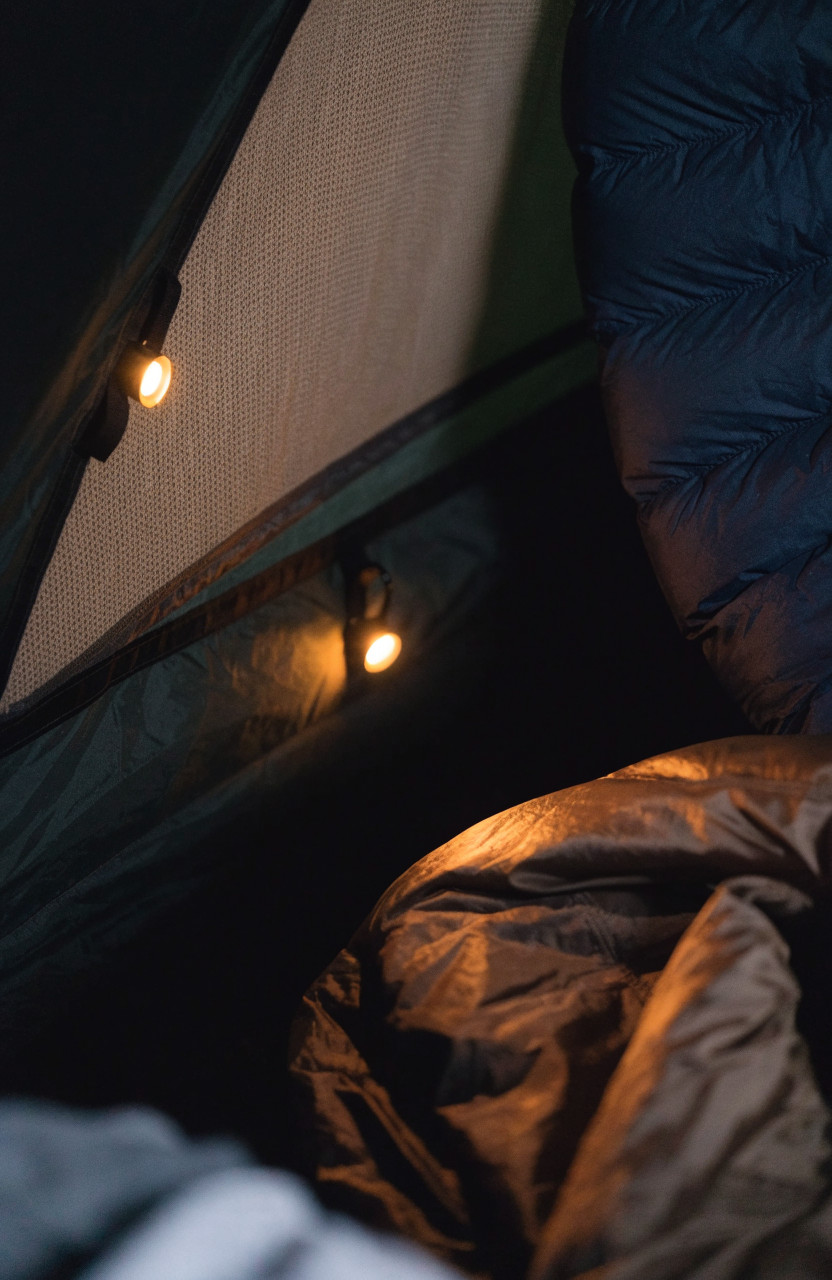 Small puck lights clipped to tent loops lighting a corner