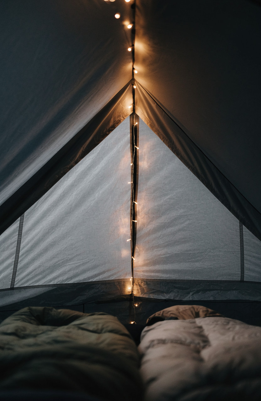 Warm string lights along inside ridgeline of tent