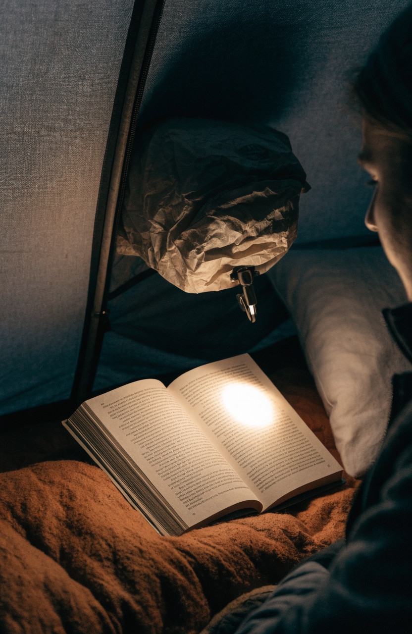 Clip reading light at pillow lighting a book on sleeping bag