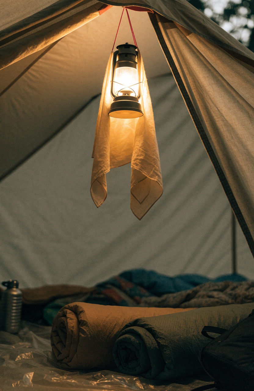 Camping lantern softened by draped bandana inside tent