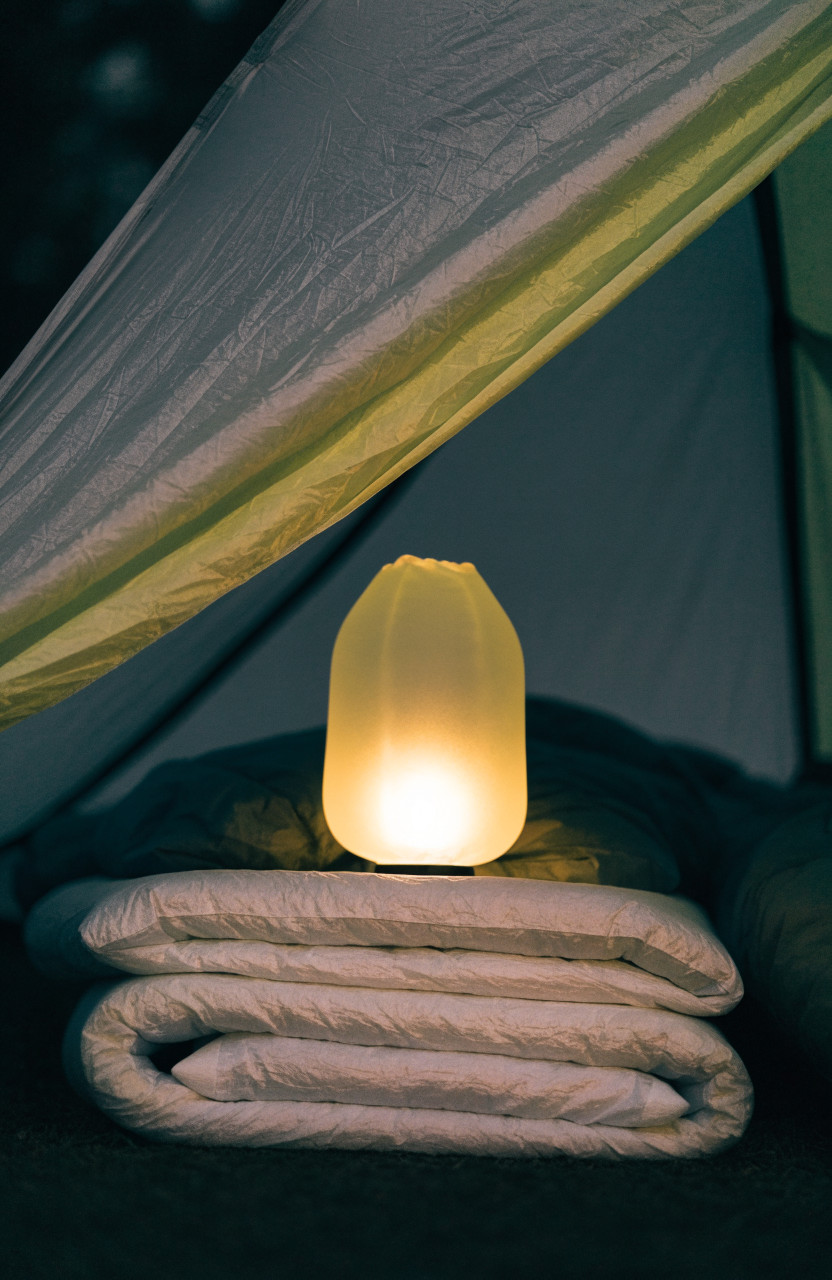 Inflatable solar lantern glowing in corner of small tent