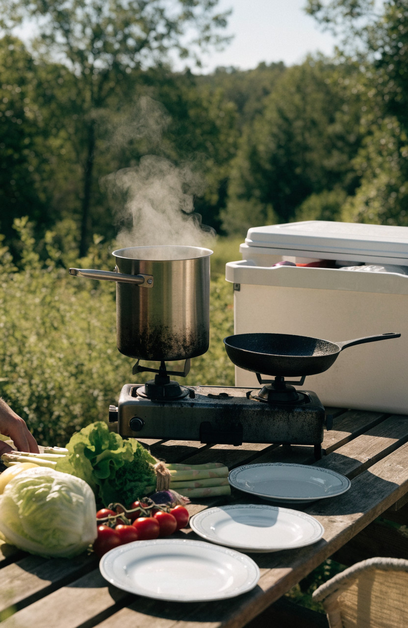 Camp kitchen on picnic table with stove, pots and cooler