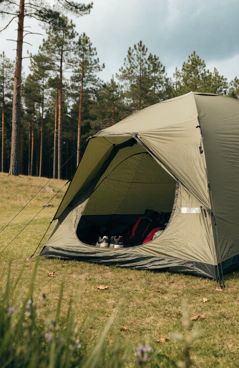 Large family tent with rainfly and shoes and packs in vestibule